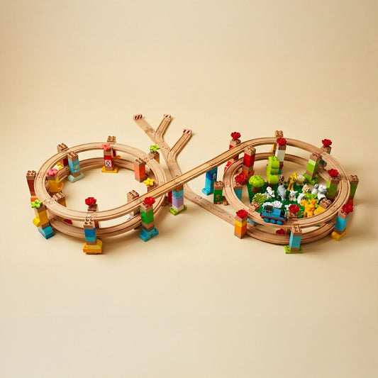 Traseu șine lemn mega spirală cu conectori Duplo compatibili Brio print 3D TrainEra, vedere de sus