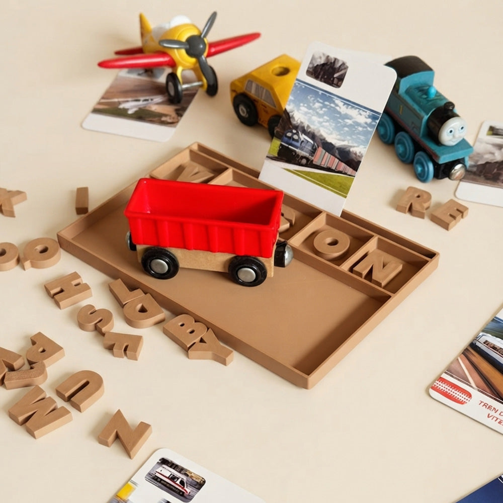 tavita educativa cu comparitmente multiple pentru scriere si citire cuvinte simple, vagon tren avion taxi, alfabet 