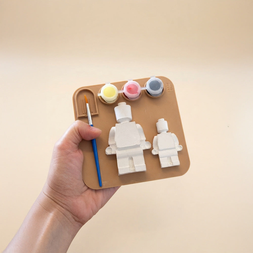 Set pictură figurine ipsos Lego - 2 figurine,pensula,tavita și 3 culori, activitate creativă pentru copii