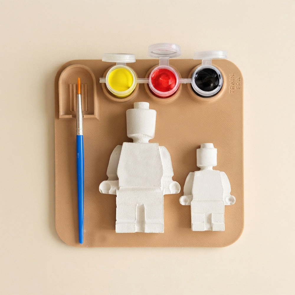 Set pictură 2 figurine lego, pensula, tavita și 3 culori, activitate creativă pentru copii