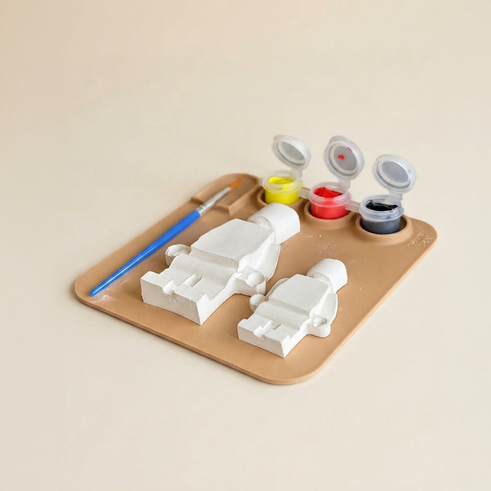 Set pictură 2 figurine lego, pensula, tavita și 3 culori, activitate de gradinita pentru copii